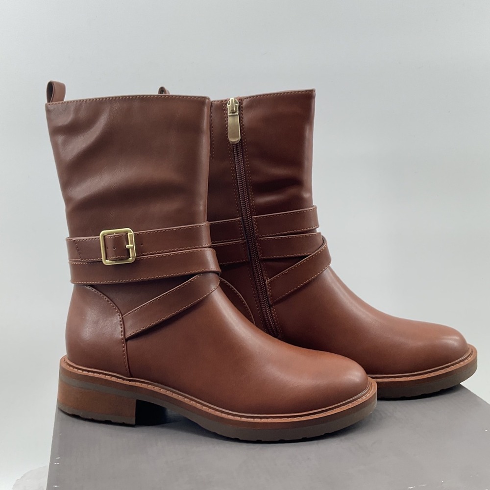 Style&co Womens Cognac Brown Buckle Strap Mid Calf Block Heel Boots